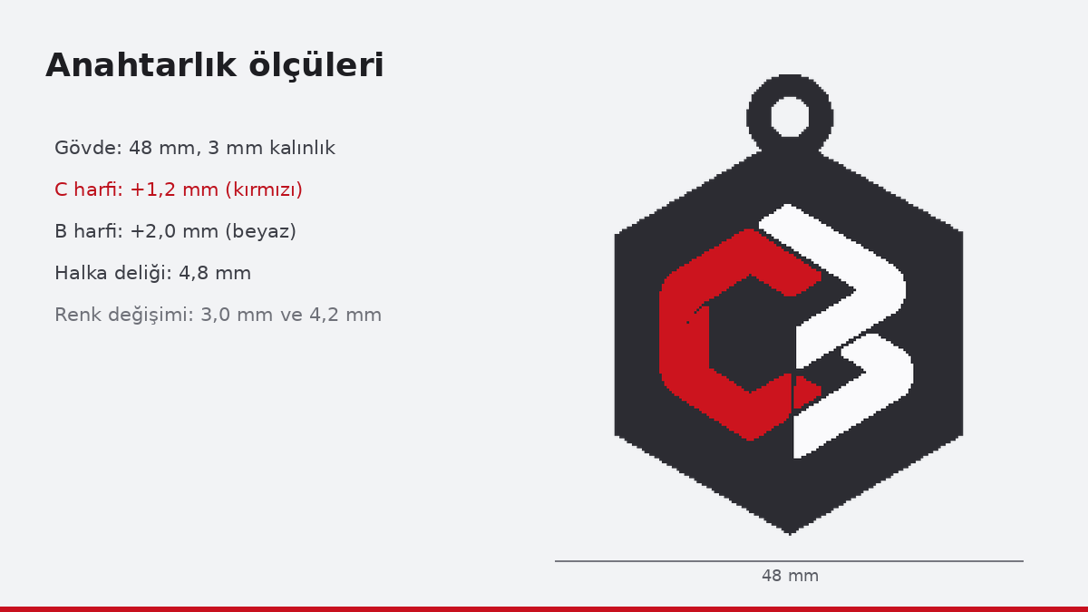 Codebil anahtarlığının üstten görünüşü ve ölçüleri