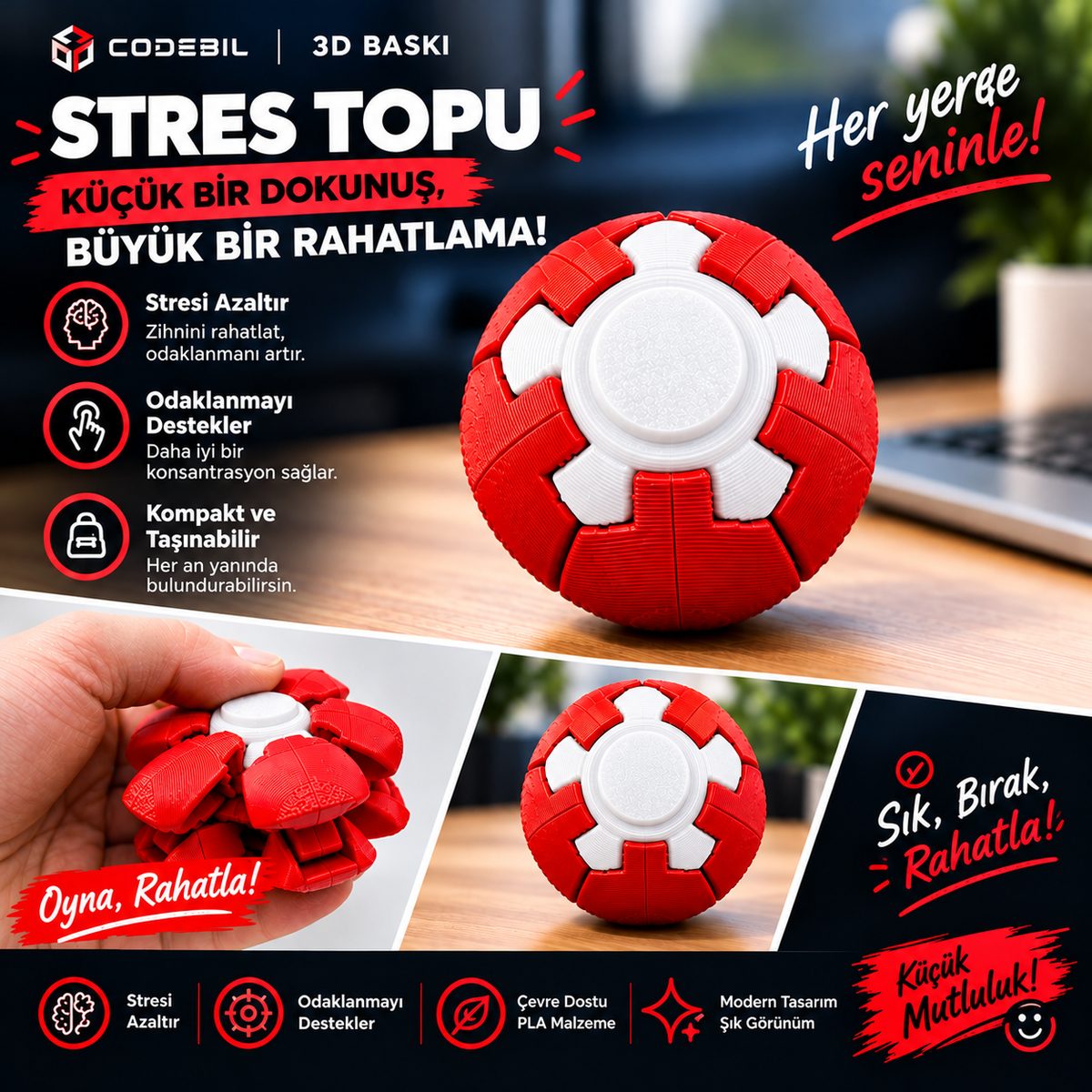 Spin Ball – 3D Baskı Hareketli Stres Topu - görsel 3