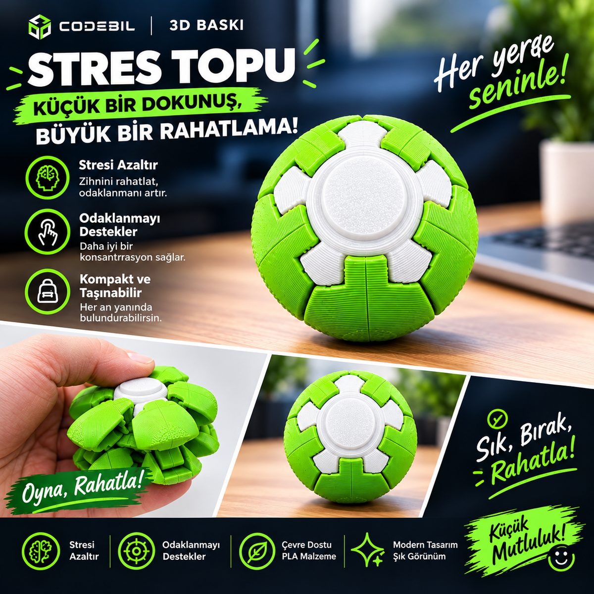 Spin Ball – 3D Baskı Hareketli Stres Topu - görsel 4