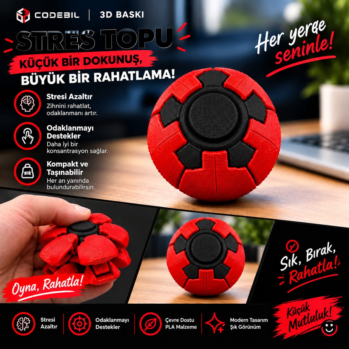 Spin Ball – 3D Baskı Hareketli Stres Topu - görsel 2