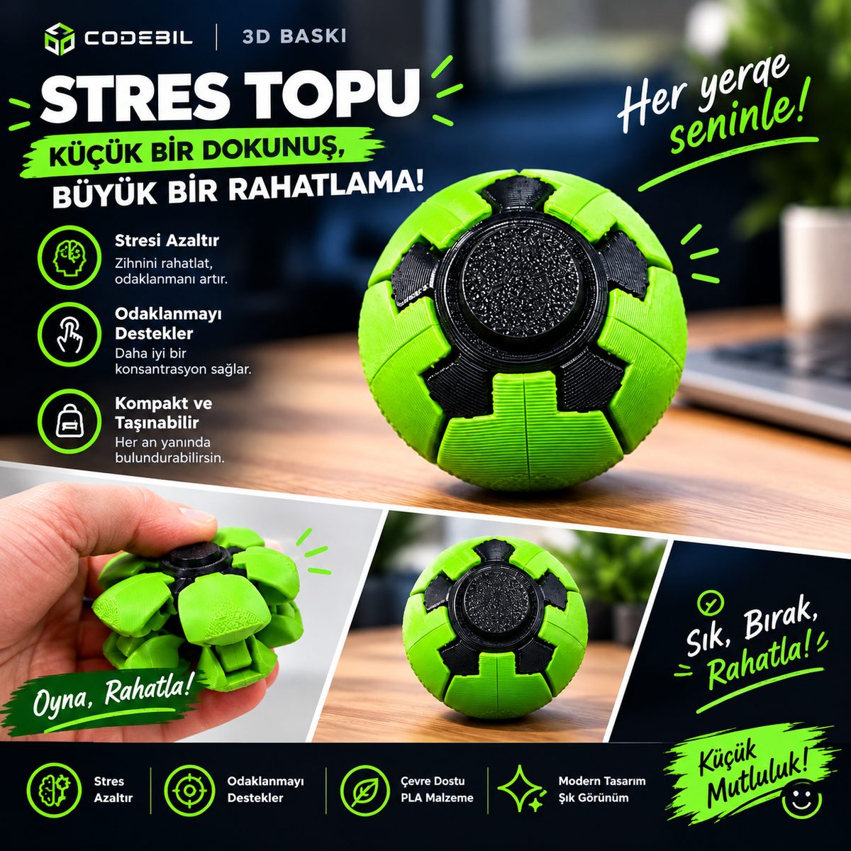 Spin Ball – 3D Baskı Hareketli Stres Topu - görsel 5